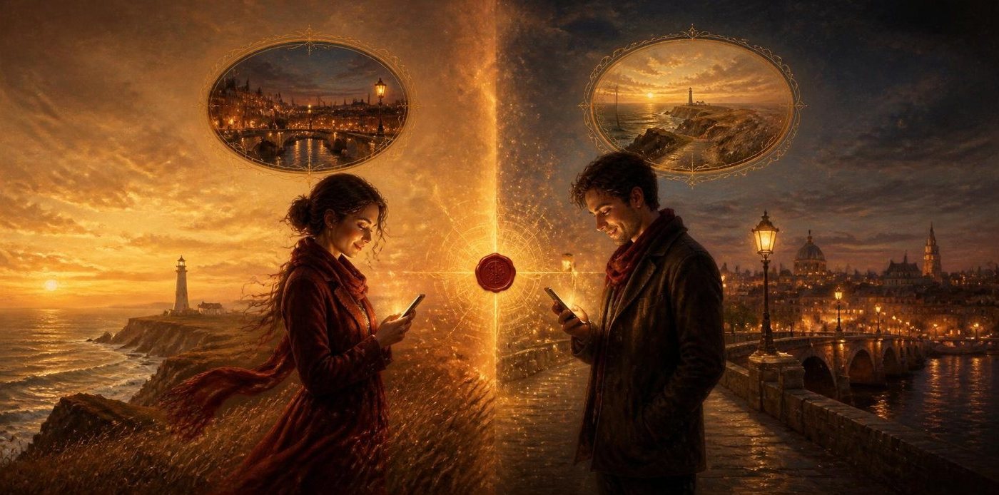 Una pintura de dos personas en dos lugares muy lejanos. A la izquierda, una mujer con abrigo rojo está en un acantilado junto al mar al atardecer, cerca de un faro, mirando su teléfono iluminado, y sobre ella hay una imagen ovalada de un puente de la ciudad de noche, alumbrado por faroles. A la derecha, un hombre con abrigo oscuro le sonríe a su teléfono sobre un puente de piedra en una ciudad de noche, y sobre él hay una imagen ovalada del acantilado del faro al atardecer. Un sello de cera roja está donde se juntan las dos mitades.
